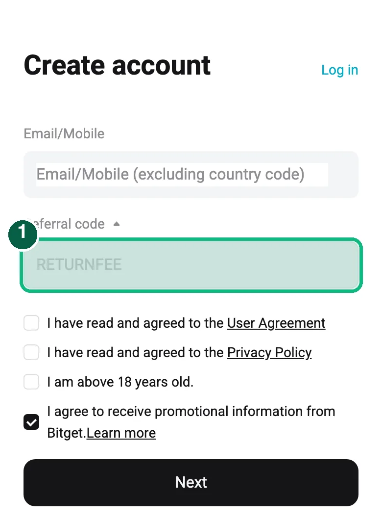 Bitget sign-up, step 1