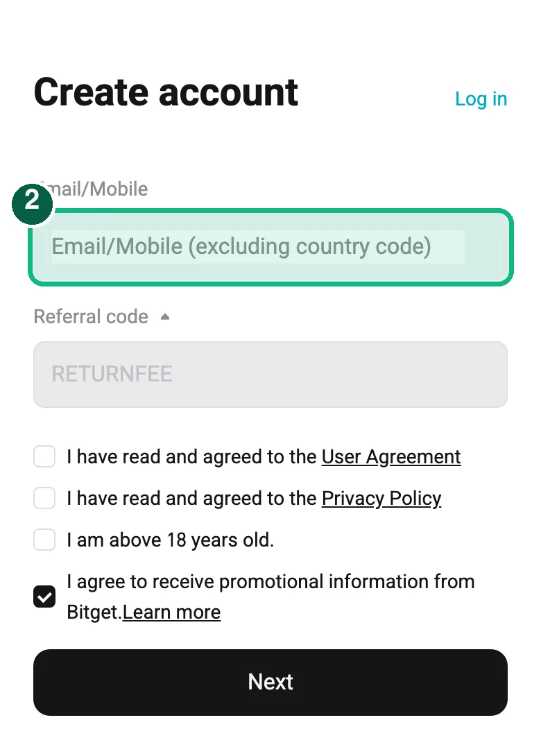 Bitget sign-up, step 2