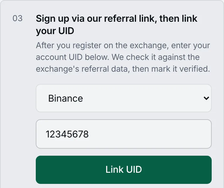 ReturnFee dashboard: choose the exchange, enter your UID and tap Link UID