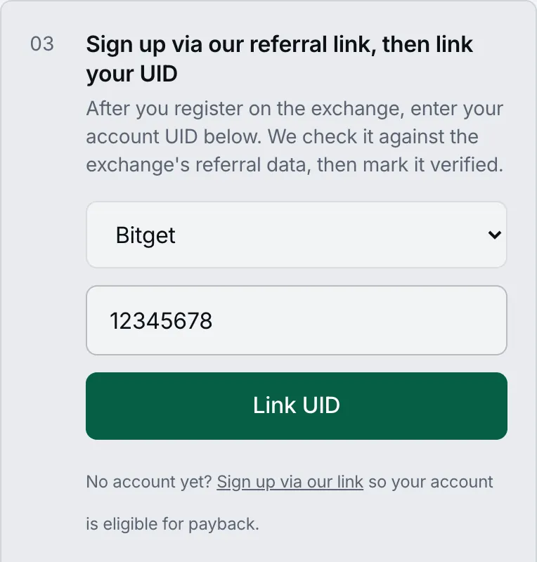 ReturnFee dashboard: choose the exchange, enter your UID and tap Link UID
