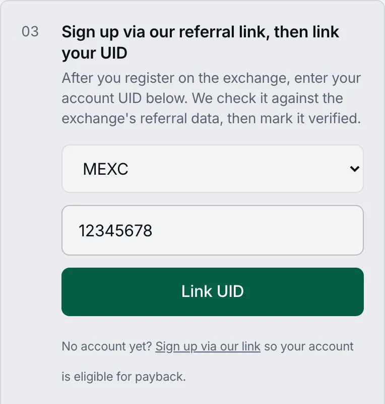 ReturnFee dashboard: choose the exchange, enter your UID and tap Link UID