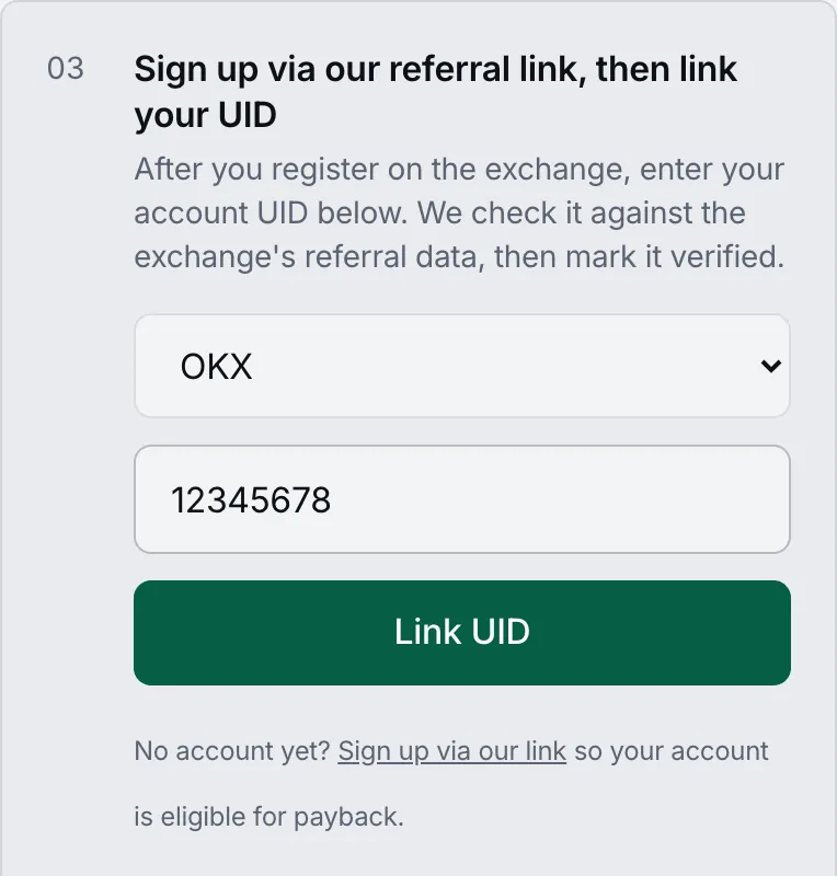 ReturnFee dashboard: choose the exchange, enter your UID and tap Link UID