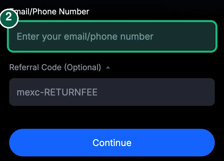 MEXC sign-up, step 2